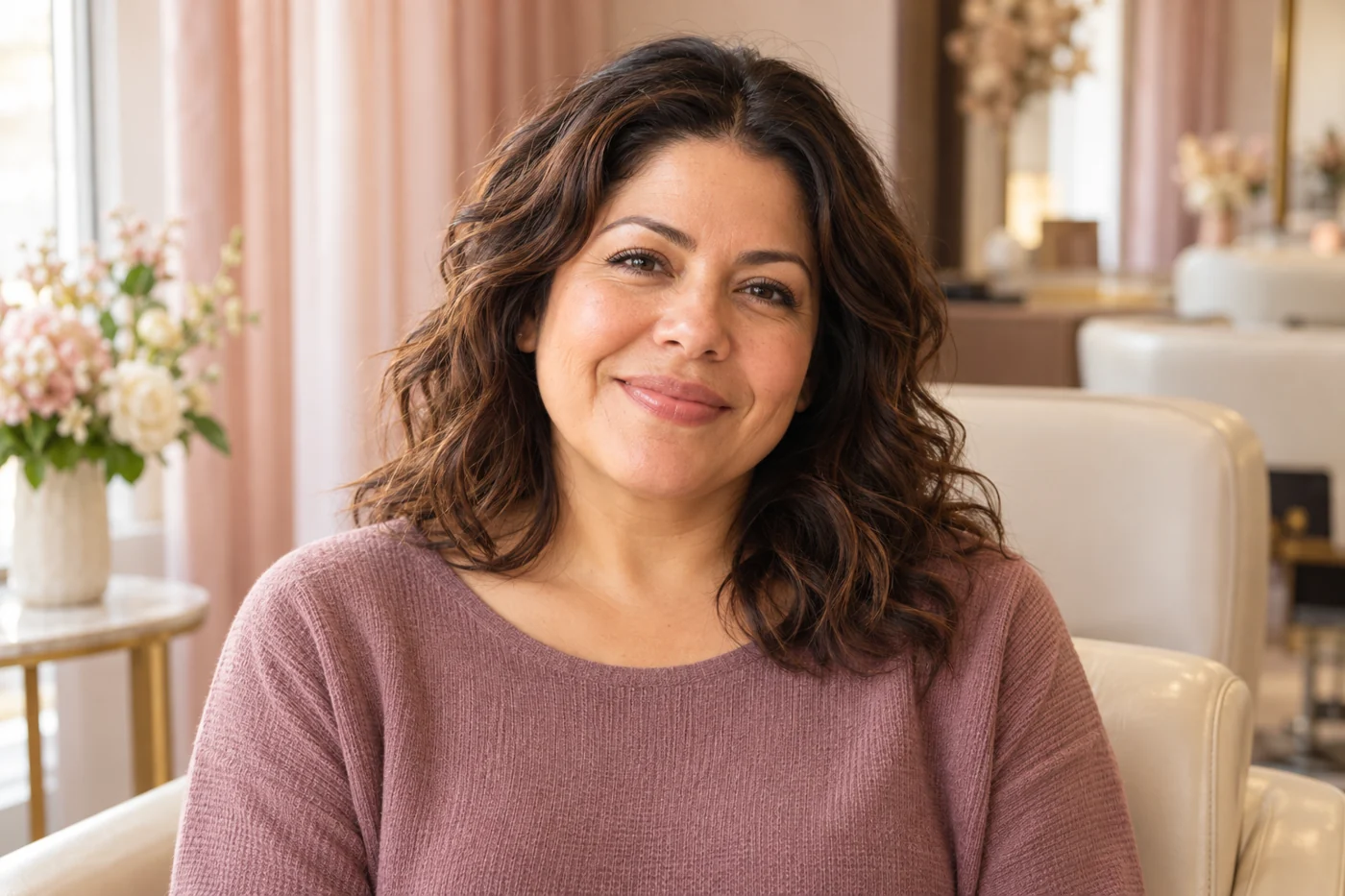 Supporting editorial portrait of a relaxed guest in a warm mauve salon setting